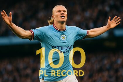 Erling Haaland merayakan gol ke-100 di Liga Inggris, memecahkan rekor tercepat.