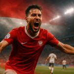 Pemain sepak bola merayakan gol dramatis dengan latar belakang bendera Indonesia, ilustrasi berita olahraga hari ini