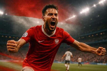 Pemain sepak bola merayakan gol dramatis dengan latar belakang bendera Indonesia, ilustrasi berita olahraga hari ini