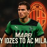 Foto manipulasi Jay Idzes dengan latar belakang logo AC Milan, mengilustrasikan rumor transfer panas.