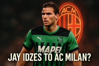 Foto manipulasi Jay Idzes dengan latar belakang logo AC Milan, mengilustrasikan rumor transfer panas.