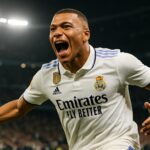 Kylian Mbappé merayakan gol dengan ekspresi gembira, mengenakan jersey Real Madrid putih, di stadion yang penuh sorak sorai.