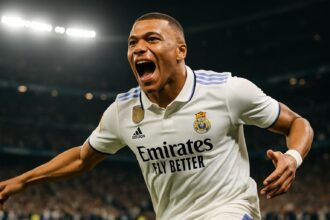 Kylian Mbappé merayakan gol dengan ekspresi gembira, mengenakan jersey Real Madrid putih, di stadion yang penuh sorak sorai.