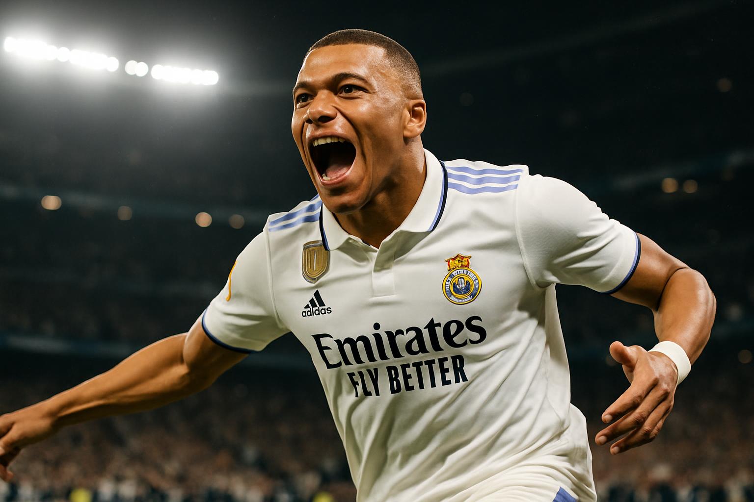 Kylian Mbappé merayakan gol dengan ekspresi gembira, mengenakan jersey Real Madrid putih, di stadion yang penuh sorak sorai.