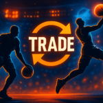 Ilustrasi dinamis rumor transfer NBA dengan siluet pemain bintang dan ikon pertukaran.