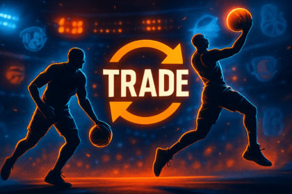 Ilustrasi dinamis rumor transfer NBA dengan siluet pemain bintang dan ikon pertukaran.