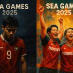 Ilustrasi kontras antara pemain sepak bola Timnas U-22 yang kecewa dan pemain bulu tangkis putri Indonesia yang merayakan kemenangan di SEA Games 2025.