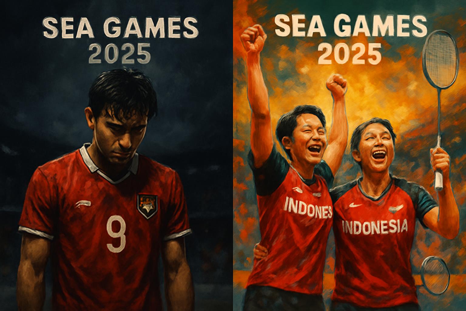 Ilustrasi kontras antara pemain sepak bola Timnas U-22 yang kecewa dan pemain bulu tangkis putri Indonesia yang merayakan kemenangan di SEA Games 2025.