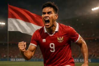 Pemain Timnas Indonesia U-22 merayakan gol dengan latar belakang bendera Merah Putih di SEA Games. Syarat Lolos Semifinal Timnas
