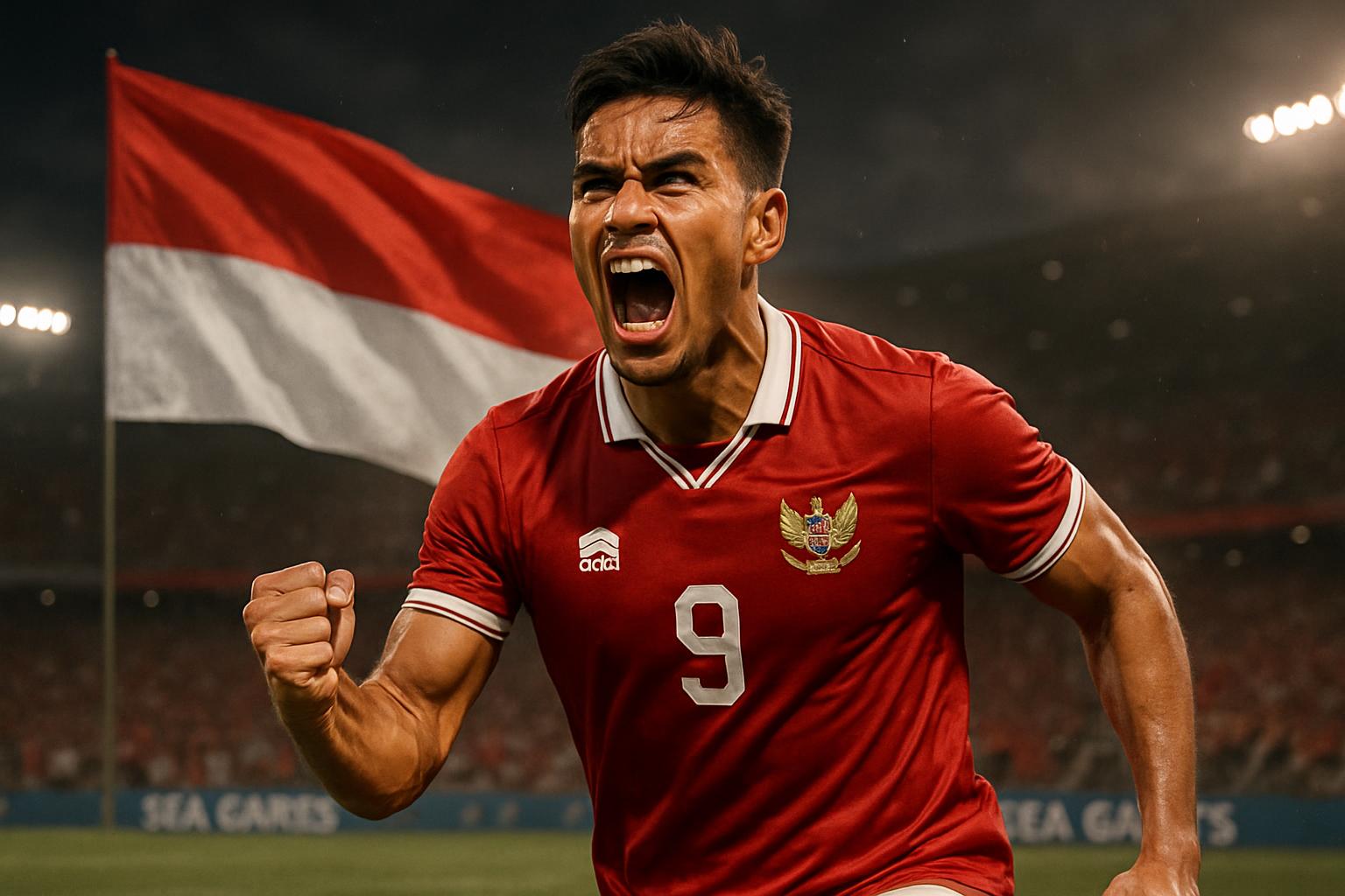 Pemain Timnas Indonesia U-22 merayakan gol dengan latar belakang bendera Merah Putih di SEA Games. Syarat Lolos Semifinal Timnas