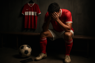 Pemain sepak bola Indonesia tampak stres karena masalah gaji di ruang ganti