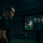 Wasit sepak bola melihat monitor VAR dengan layar terbagi antara tayangan ulang dan ekspresi frustrasi penonton.