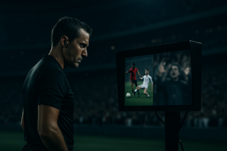 Wasit sepak bola melihat monitor VAR dengan layar terbagi antara tayangan ulang dan ekspresi frustrasi penonton.