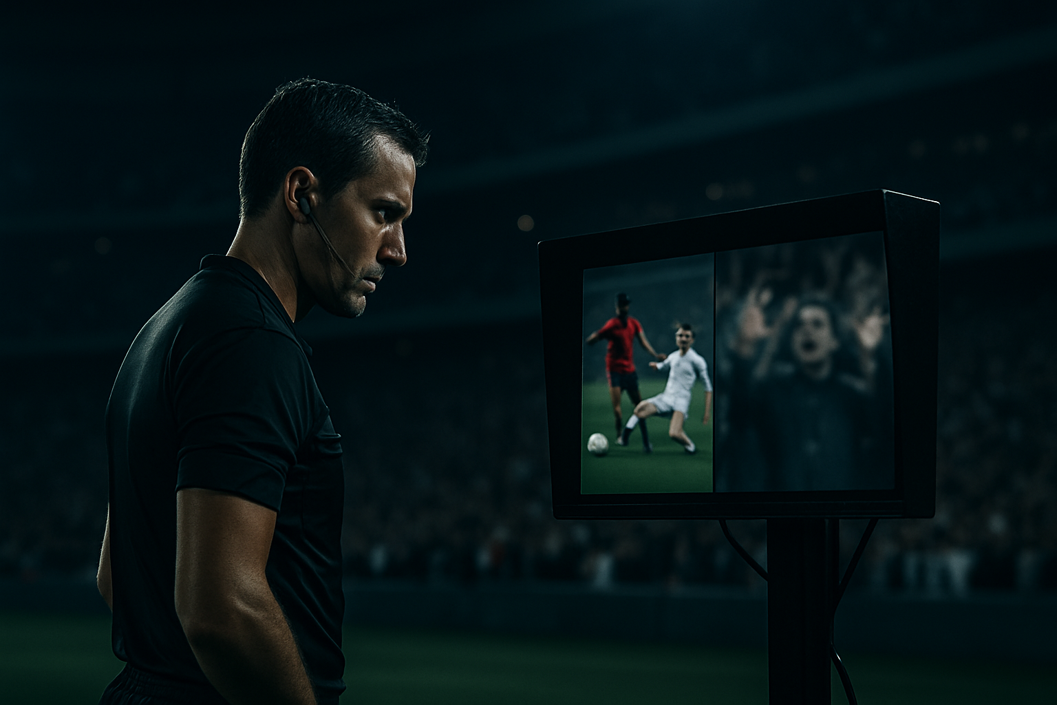 Wasit sepak bola melihat monitor VAR dengan layar terbagi antara tayangan ulang dan ekspresi frustrasi penonton.