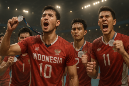 Timnas Voli Putra Indonesia merayakan medali perak SEA Games 2025
