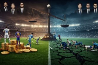 Ilustrasi perbandingan kekuatan finansial dan dinamika kompetisi dalam sepak bola modern.