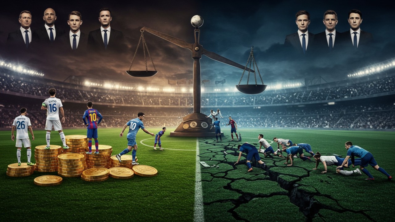 Ilustrasi perbandingan kekuatan finansial dan dinamika kompetisi dalam sepak bola modern.