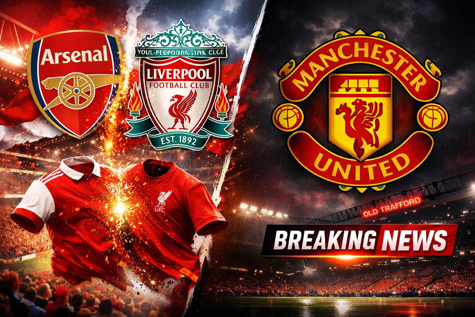 Logo Arsenal, Liverpool, dan Manchester United dengan latar belakang stadion dan tulisan Breaking News.