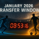 Ilustrasi Jendela Transfer Januari 2026 dengan latar belakang stadion dan jam digital
