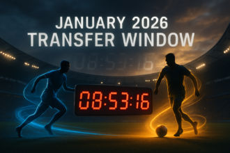 Ilustrasi Jendela Transfer Januari 2026 dengan latar belakang stadion dan jam digital